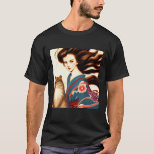 T-shirt japonais beauté démodée et chat