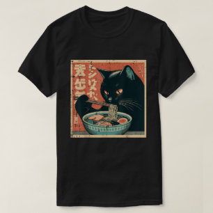 T-shirt Japonais Chat Noir Manger Ramen nouilles Kitten
