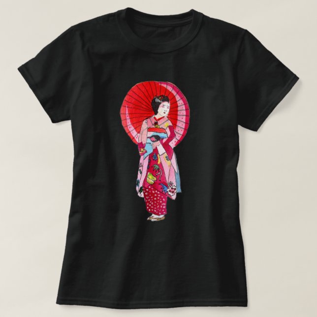 T-shirt Japonais Geisha rouge kimono art mignon (Design devant)