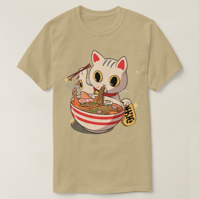 T-shirt Japonais Kawaii Neko Chat Kitten Ramen Noodle (Design devant)
