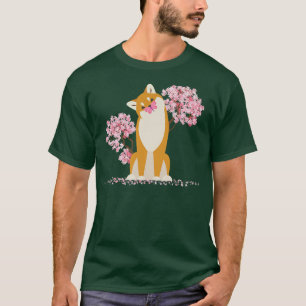 T-shirt Japonais Kawaii Sakura Cerise Blossom Shiba Inu D