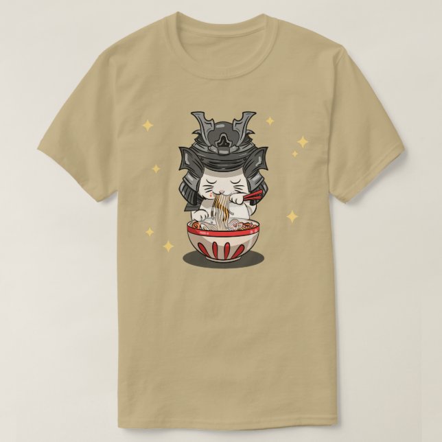 T-shirt Japonais Kawaii Samurai Neko Chat Kitten Ramen Noo (Design devant)