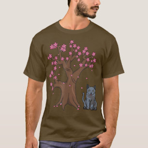 T-shirt Japonais Russe Bleu Chat Maman Cerise Blossom T-Sh