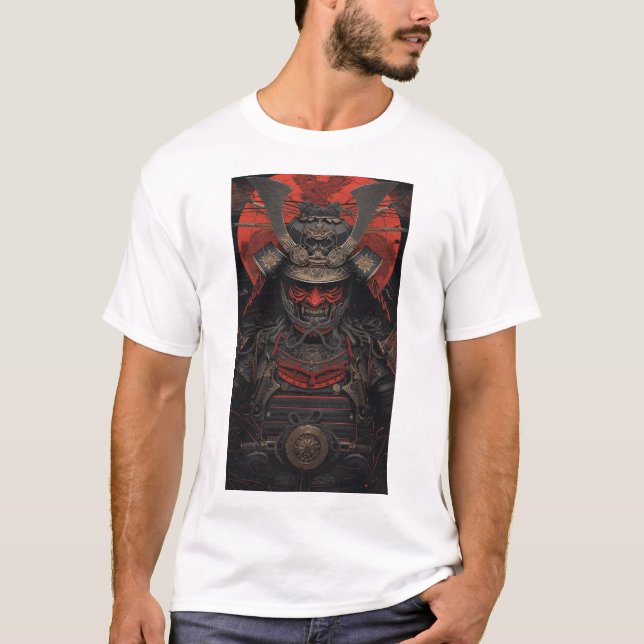 T-shirt Japonais Samurai Guerrier Rouge Visage Armor Graph (Devant)