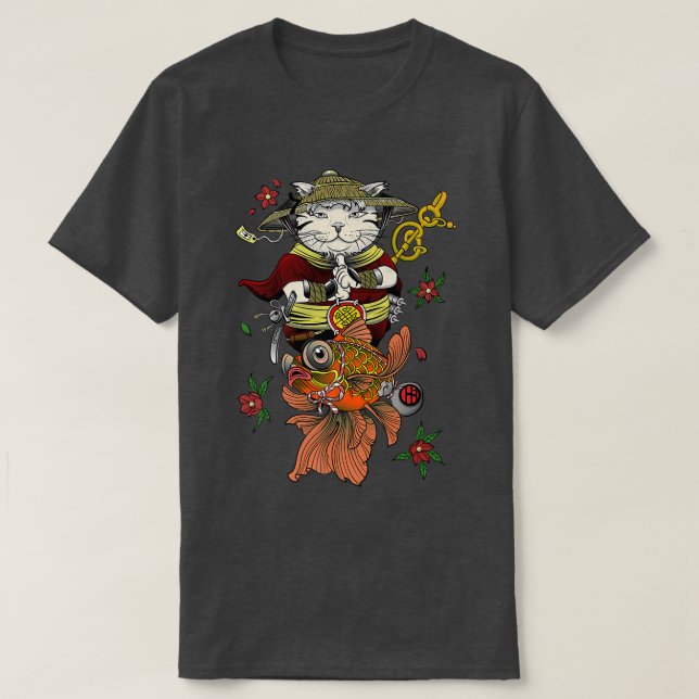 T-shirt Japonais Samurai Katana Ninja Chat et Koi poisson  (Design devant)