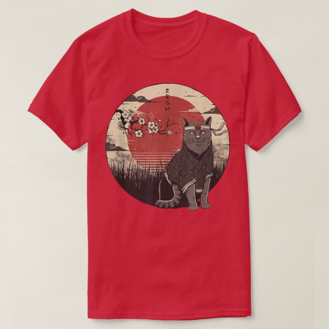 T-shirt Japonais Samurai Ninja Cat Kawaii Ninja Chat noir (Design devant)
