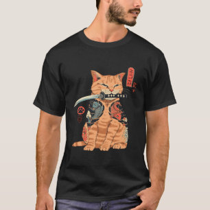 T-shirt Japonais Samurai Ninja Cat Kawaii Tattoo