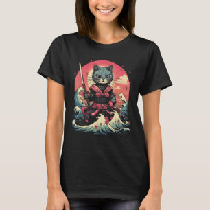 T-shirt Japonais Samurai Ninja Cat Retro Tattoo Graphique 