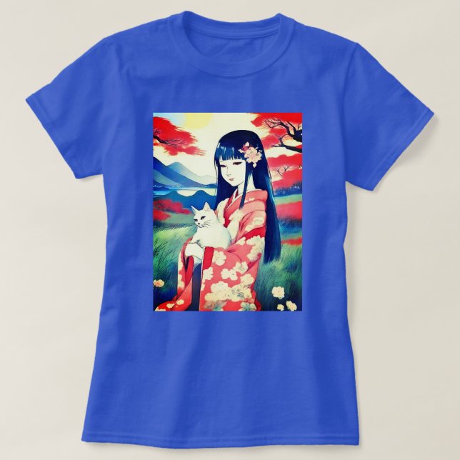 T-shirt Japonaise avec un chat blanc (Design devant)