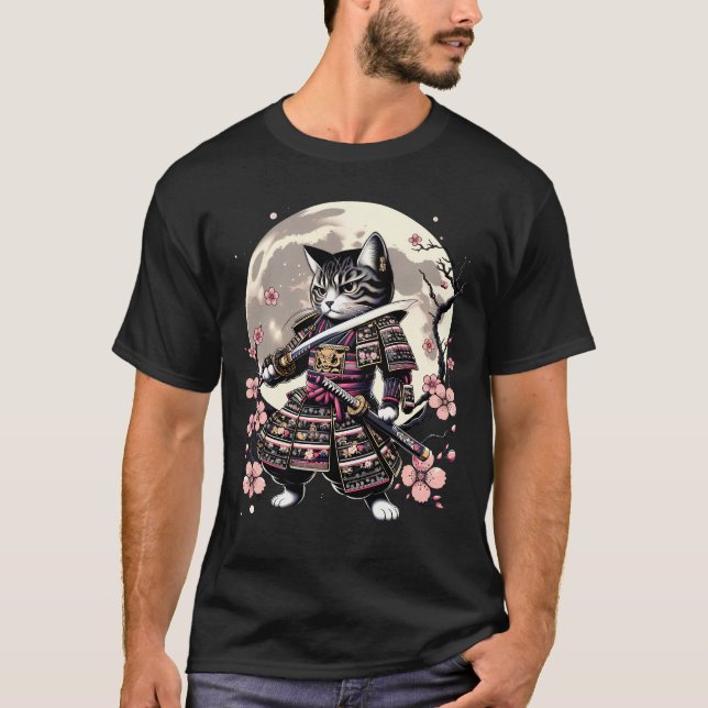 T-shirt Japonaise Samurai Chat Kawaii Ninja Chat Cherry (Devant)