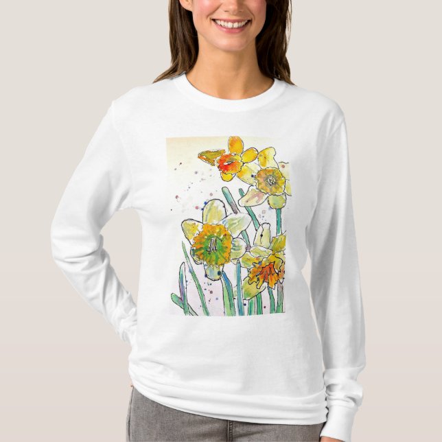 T-shirt Jaune Daffodique aquarelle femmes d'art T Chemise (Devant)