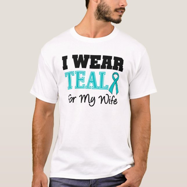 T-shirt Je porte le ruban turquoise pour mon épouse (Devant)