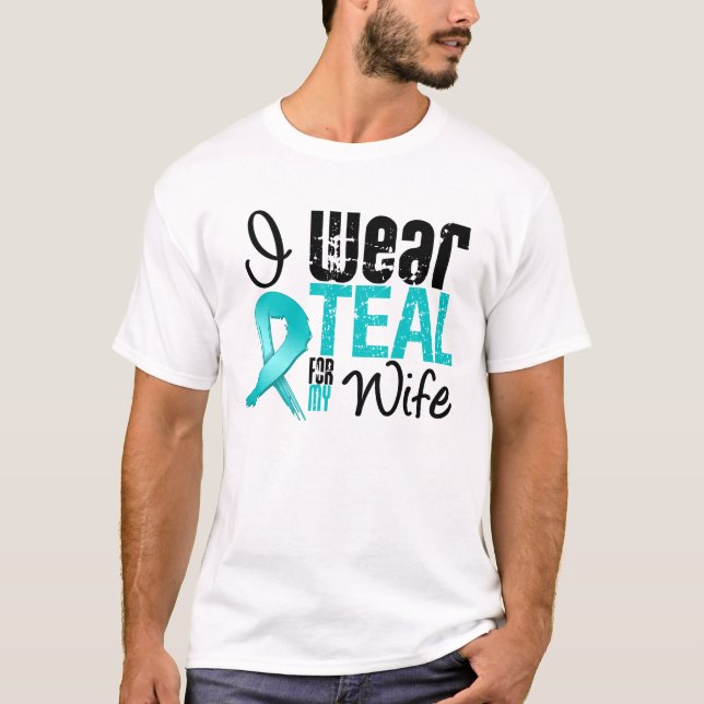 T-shirt Je porte le ruban turquoise pour mon épouse (Devant)