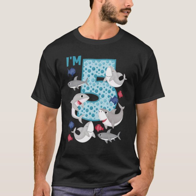 T-shirt Je suis 5 5e Anniversaire Crew Shark thème Famille (Devant)