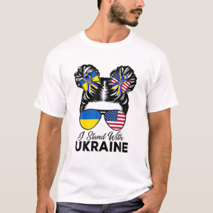 T-shirt Je Suis Avec Ukraine Américain USA Messy Bun Avec