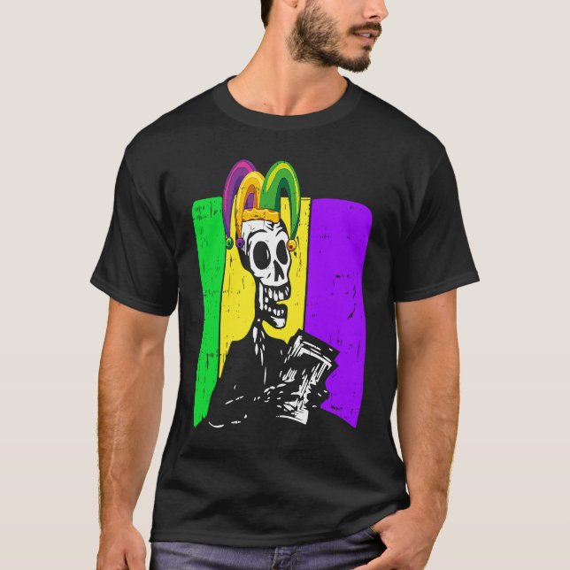 T-shirt Jester Skeleton Reading Book Mardi Gras Reader Boo (Devant)