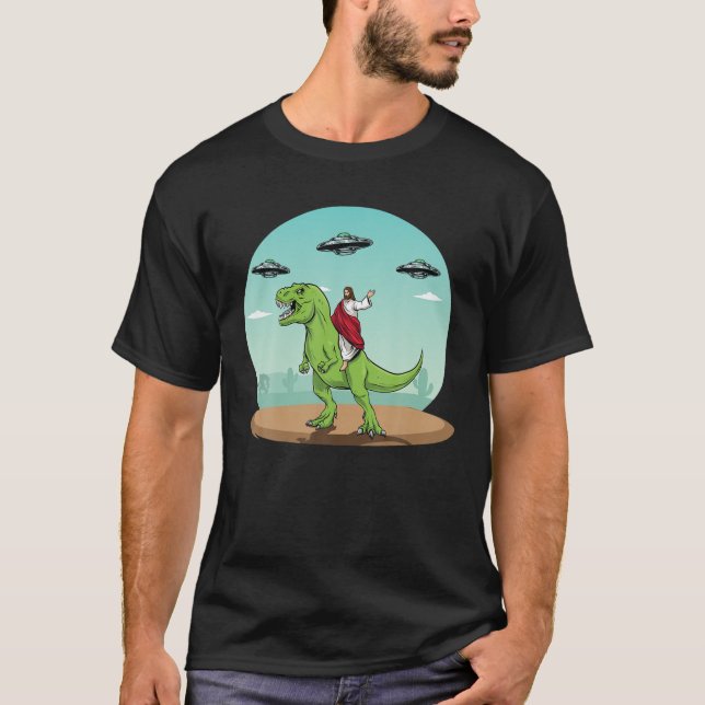 T-shirt Jesus équitation A Dinosaur Drôle Bigfoot UFO Alie (Devant)