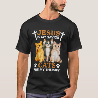 T-shirt Jésus Est Mon Sauveur Les Chats Sont Ma Thérapie C