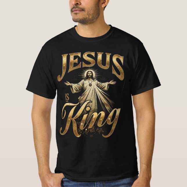 T-shirt Jesus Is King Elegant Gold Script Christian (Devant)