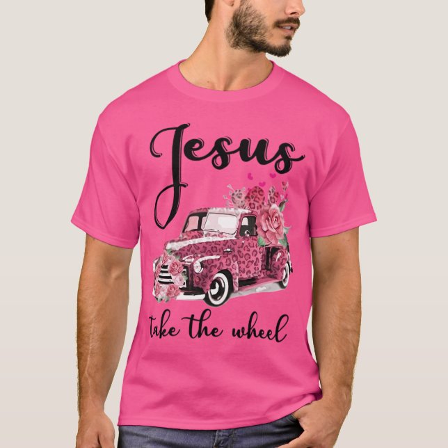 T-shirt Jésus Prendre La Roue Léopard Floral Rose Voiture  (Devant)