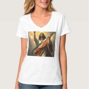 T-shirt Jésus revient avec une épée Femme V Cou Tee