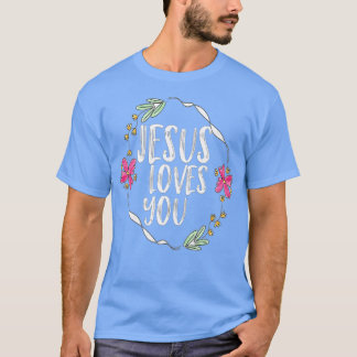 T-shirt Jésus vous aime avec cadre de fleurs rondes
