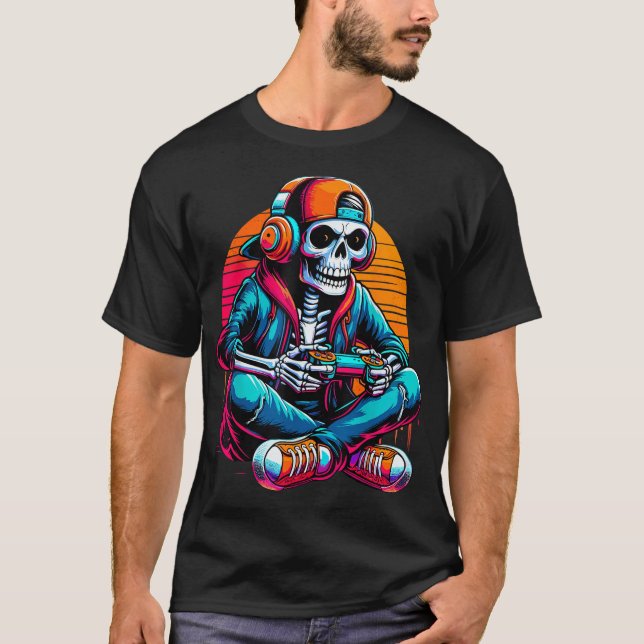 T-shirt Jeu vidéo Halloween Skeleton Gamer (Devant)