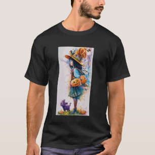 T-shirt Jeune Sorcière Fille Avec JackOLanterns Et Chat Vi