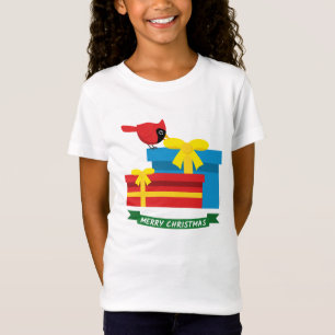 T-Shirt Joli Cardinal Rouge Ouvrant Un Cadeau Bleu