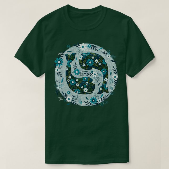 T-shirt Joli cercle de baleines florales en bleus et verts (Design devant)