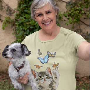 T-shirt Joli Chat Chaton Jouant Avec Des Papillons