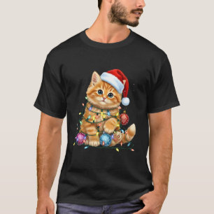 T-shirt Joli Chat de Noël Chapeau de Père Noël Lumières Ca