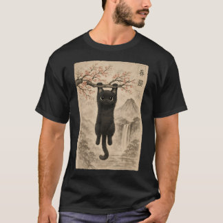 T-shirt Joli Chat Fleur de Cerisier Japonais Edo Gravure s