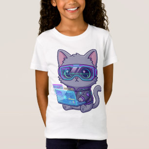 T-Shirt Joli chat hacker Cyberpunk Kawaii avec ordinateur 