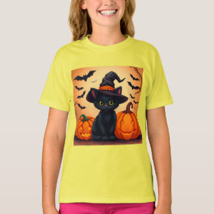 T-shirt Joli chat noir avec un chapeau de sorcière entouré