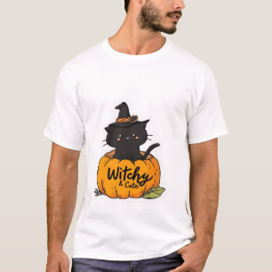 T-shirt Joli chat noir dans une citrouille avec un chapeau