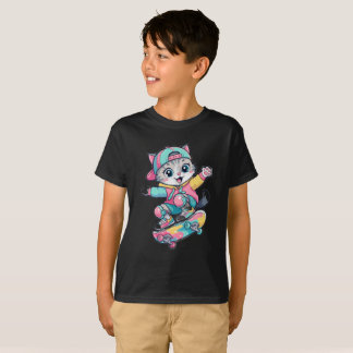 T-shirt Joli Chat Skateur Kawaii Planche à Roulettes T-Shi
