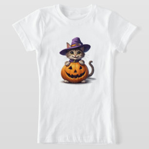 T-Shirt Joli Chaton Avec Chapeau De Sorcière Et Citrouille