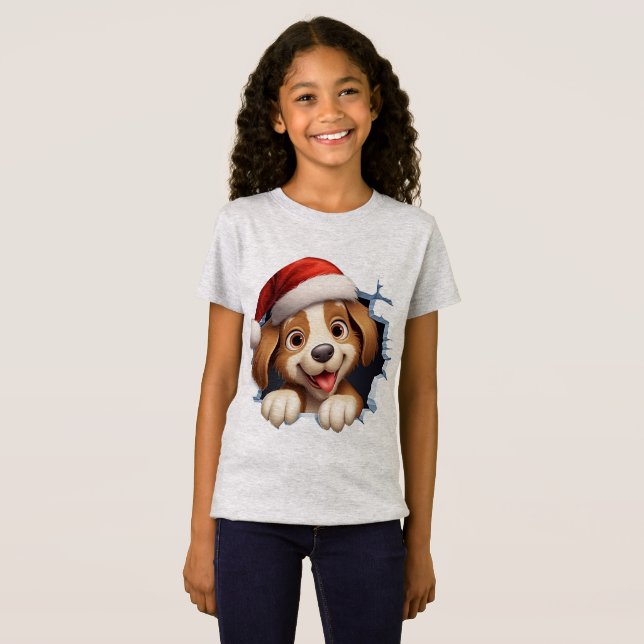 T-Shirt Joli chien de Noël à travers le mur illustré (Devant entier)