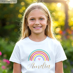 T-Shirt Joli Cœur d'Amour Arc-en-Ciel Nom Personnalisé Fil