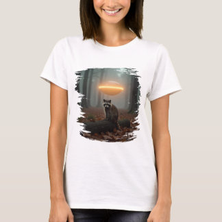 T-shirt Joli design d'OVNI de raton laveur dans la forêt