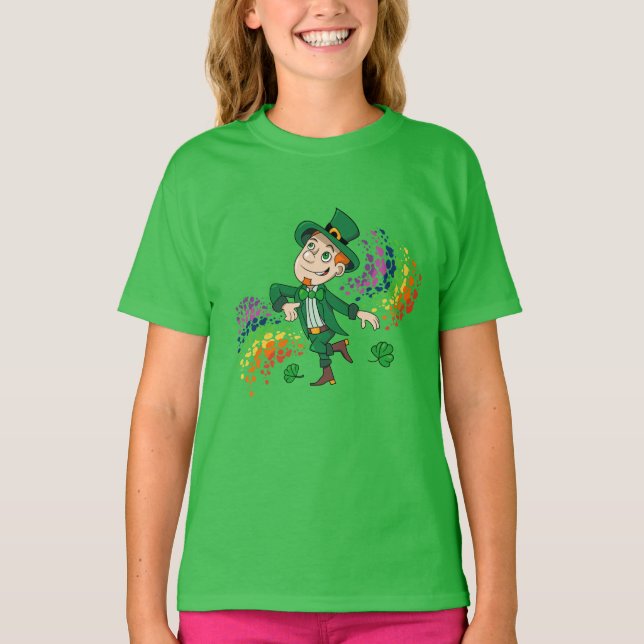 T-shirt Joli et souriant dancing leprechaun, un arc-en-cie (Devant)