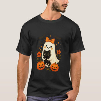 T-shirt Joli Fantôme avec un Nœud tenant des Citrouilles d