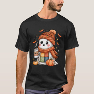 T-shirt Joli Fantôme Buvant du Café Patchwork de Halloween
