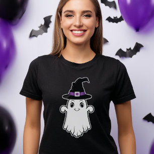 T-shirt Joli Fantôme Souriant Portant Une Sorcière Casquet