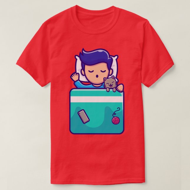 T-shirt Joli Garçon Dormir avec un dessin de chat (Design devant)