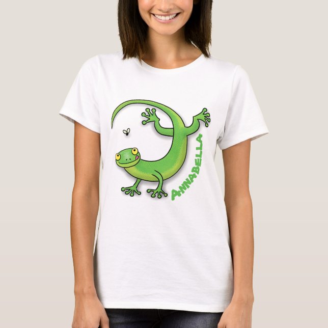 T-shirt Joli gecko vert salutations avec dessin animé (Devant)