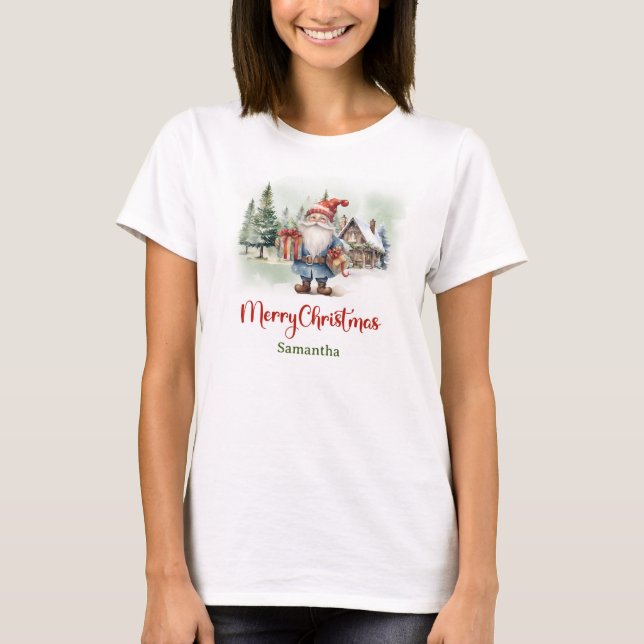 T-shirt Joli gnome drôle avec cadeaux de Noël dans le vill (Devant)