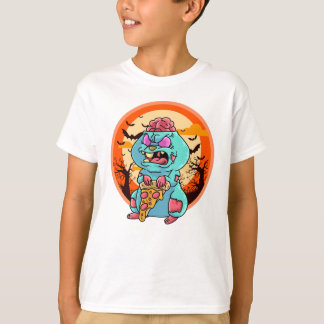 T-shirt Joli Hamster Zombie Halloween Éffrayant avec pizza