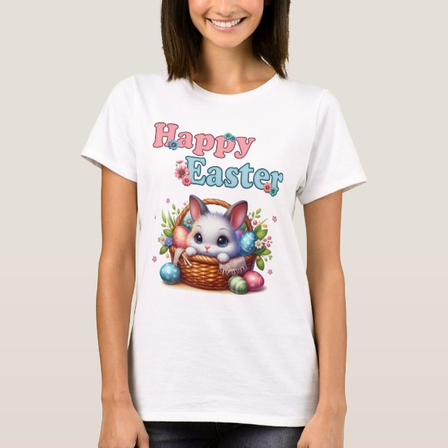 T-shirt Joli lapin de Pâques en panier avec oeufs et fleur (Devant)